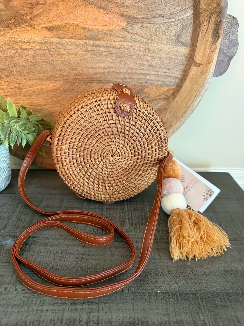 MadeTerra Round Rattan Straw Crossbody Bag With Bag Charm NWT
